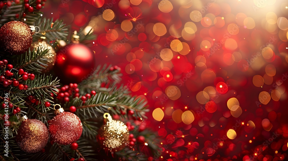 A festively decorated Christmas tree adorned with red and gold ornaments, holly berries, and twinkling lights, creating a joyous holiday atmosphere. A festively decorated Christmas tree adorned with red and gold ornaments, holly berries, and twinkling lights, creating a joyous holiday atmosphere.