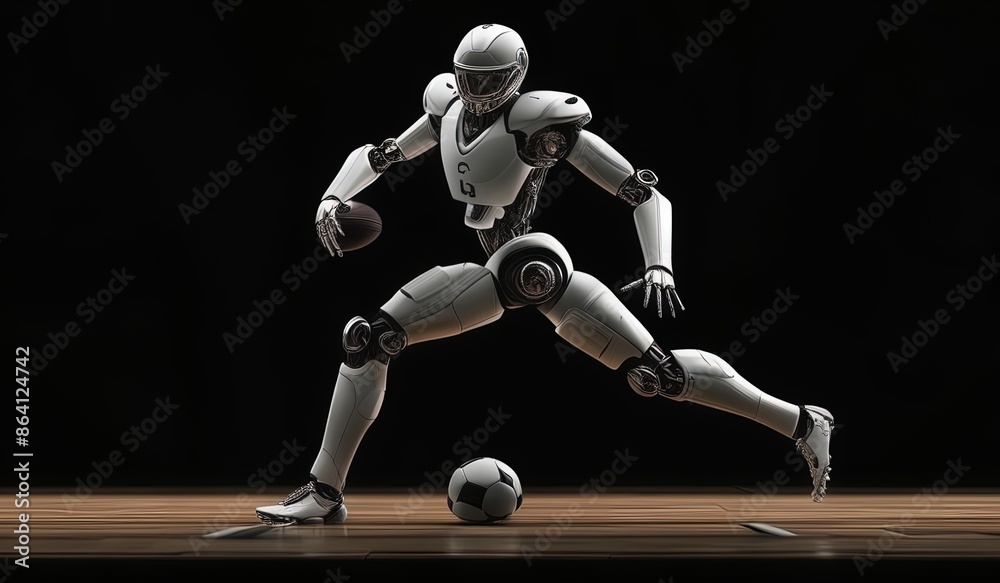 soccer player robot kicking ball. robot action. Ai robot soccer player robot kicking ball. robot action. Ai robot