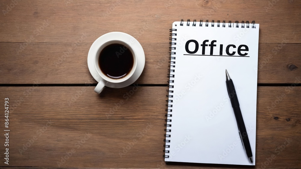 Notepad on wooden table with the word office written on the notepad, business concept. Notepad on wooden table with the word office written on the notepad, business concept.