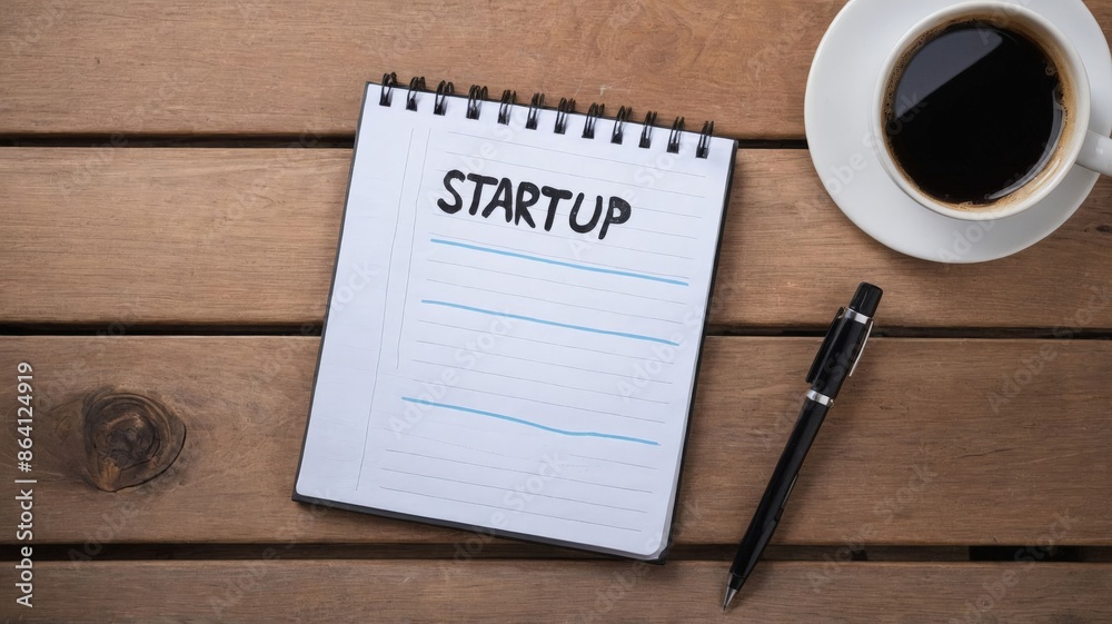 Notepad on wooden table with the word startup written on the notepad, business concept. Notepad on wooden table with the word startup written on the notepad, business concept.