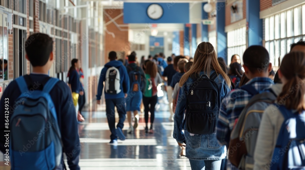Fototapeta premium Busy school hallway filled with students during the day