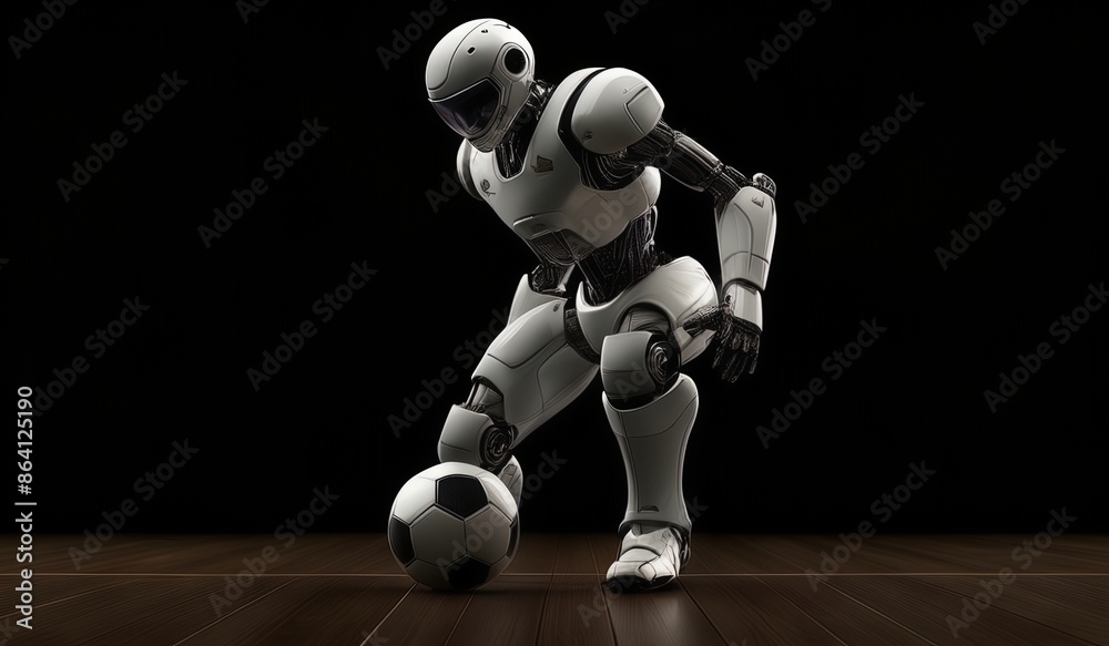 Fototapeta premium soccer player robot kicking ball. robot action. Ai robot