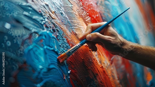 Hand shown applying strokes of blue and red paint with precision on an abstract art piece, capturing the intricate details and the vibrant energy of the artistic endeavor.