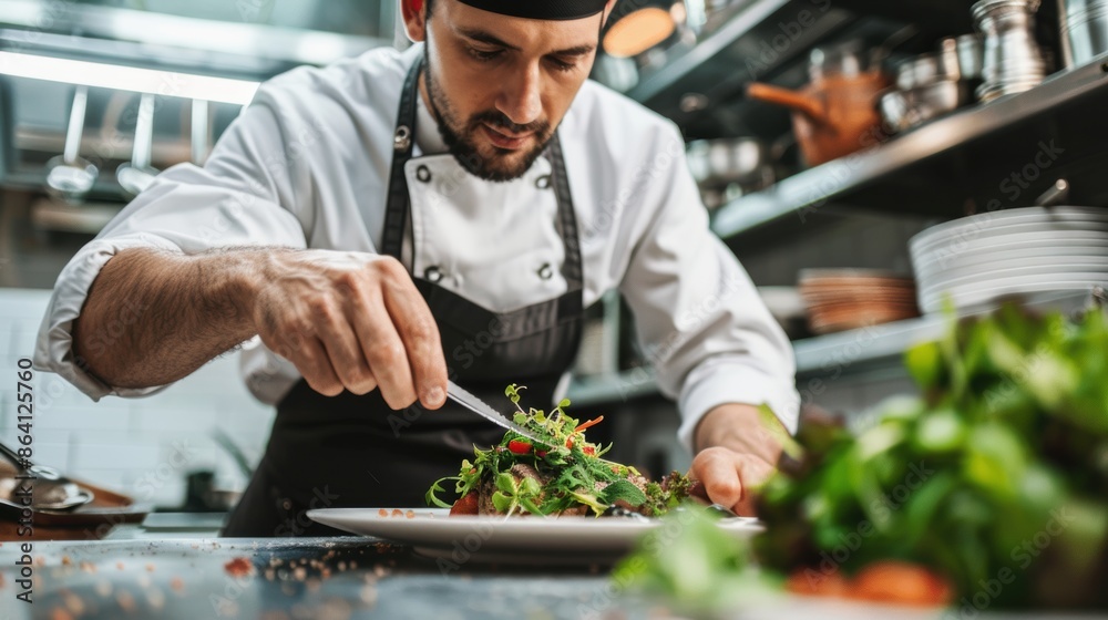 Chef creates special labor day menu in restaurant kitchen Chef creates special labor day menu in restaurant kitchen