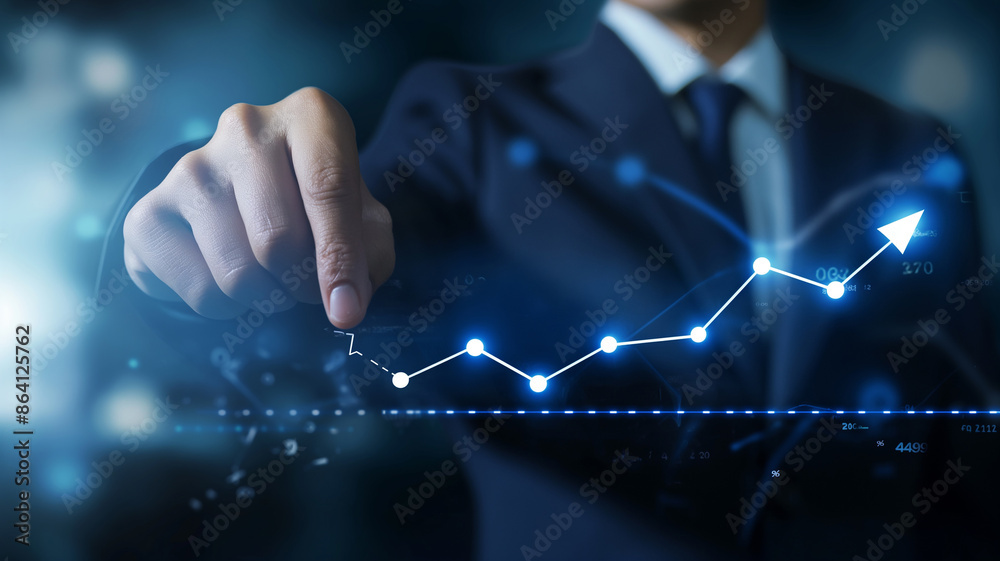 Fototapeta premium Business concept. Upward movement of investment stocks, up arrow hologram, Investment consultancy, invest your money in the right place, save your money