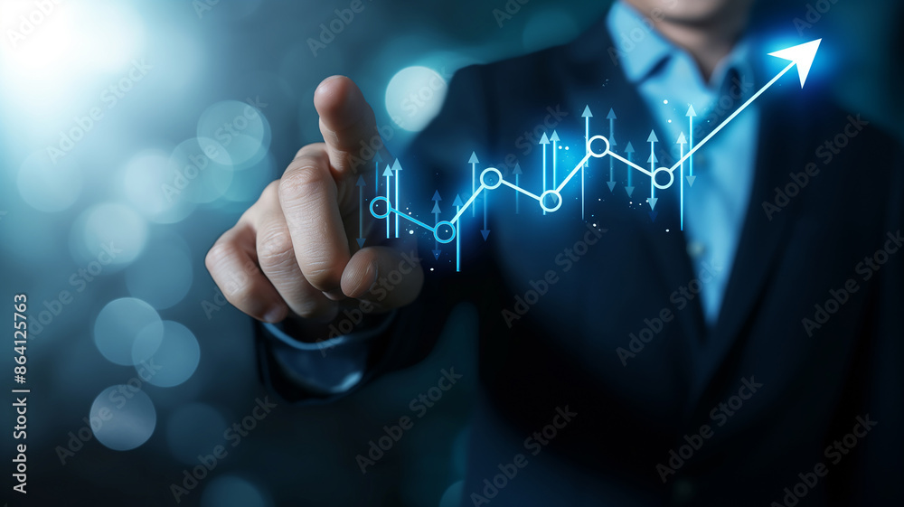 Business concept. Upward movement of investment stocks, up arrow hologram, Investment consultancy, invest your money in the right place, save your money Business concept. Upward movement of investment stocks, up arrow hologram, Investment consultancy, invest your money in the right place, save your money