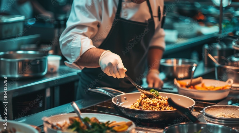 Chef prepares labor day menu in restaurant kitchen Chef prepares labor day menu in restaurant kitchen