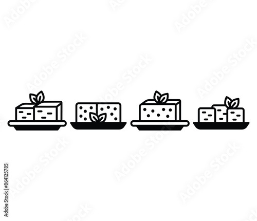 tofu cubes on plate natural icons vector design black white color illustration collection set