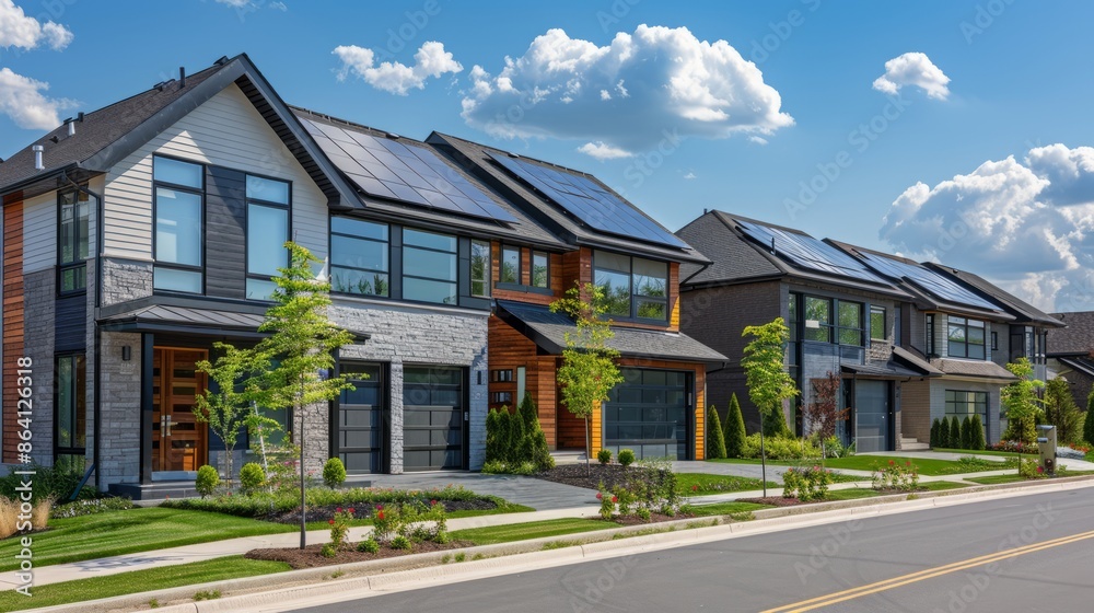 Modern suburban houses with solar panels