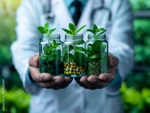 Doctor holding jars with medicinal herbs and capsules, representing alternative medicine and natural treatment.