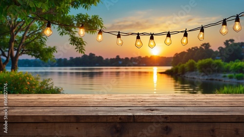 Empty Wood table top with decorative outdoor string lights hanging on trees in the garden at sunset time, blue, rad, green, yellow..