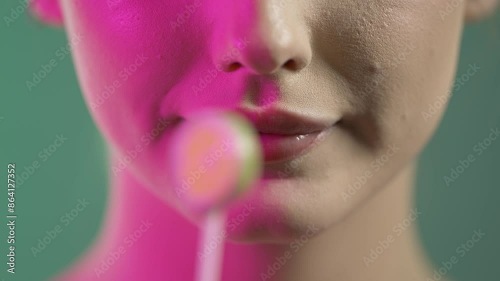 Caucasian woman licks seductively on a lime lollipop, extreme close-up face Caucasian woman licks seductively on a lime lollipop, extreme close-up face