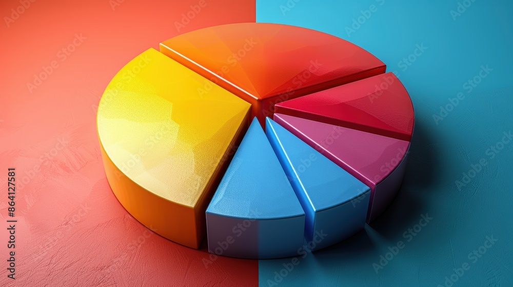 Obraz premium Colorful pie chart split into six segments, perfect for business presentations, data analysis, and financial reports.