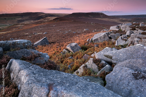 Carl Walk Hillfort from Over Owler Tor at dusk, Hathersage Moor, Peak District National Park, Derbyshire, England, United Kingdom, Europe photo