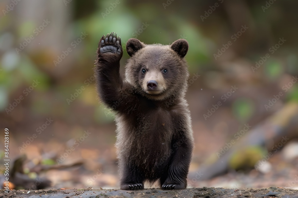 Obraz premium Adorable Bear Cub Waving in the Forest