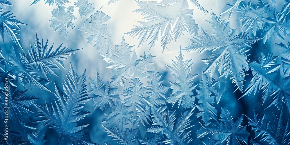 A blue and white image of ice crystals on a window. Concept of coldness and stillness, as the ice crystals are frozen in place and appear to be suspended in mid-air A blue and white image of ice crystals on a window. Concept of coldness and stillness, as the ice crystals are frozen in place and appear to be suspended in mid-air