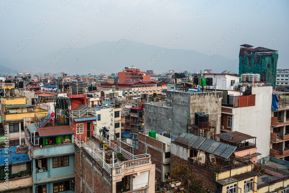 Sunrise skyline with colourful houses and residential rooftops, of densely populated Thamel in Kathmandu, Nepal, Asia Sunrise skyline with colourful houses and residential rooftops, of densely populated Thamel in Kathmandu, Nepal, Asia