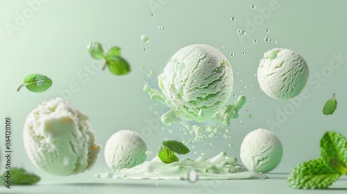 mint Sorbet with elements floating in the air, against a green colored background. ice cream with fresh mint  photo