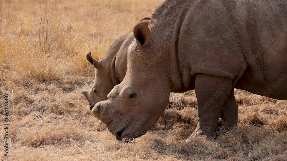 Dehorned White Rhino mother and rhino calf eat dry grass in Africa, medium closeup Dehorned White Rhino mother and rhino calf eat dry grass in Africa, medium closeup