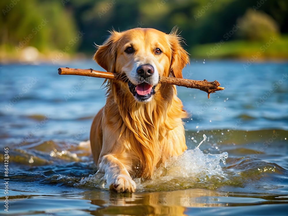 Golden Retriever Dog Swimming With Stick in Mouth Golden Retriever Dog Swimming With Stick in Mouth
