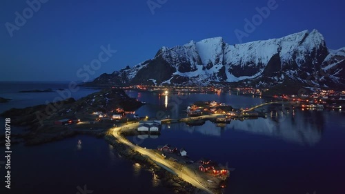 Aerial view of Lofoten Islands beautiful landscape during winter