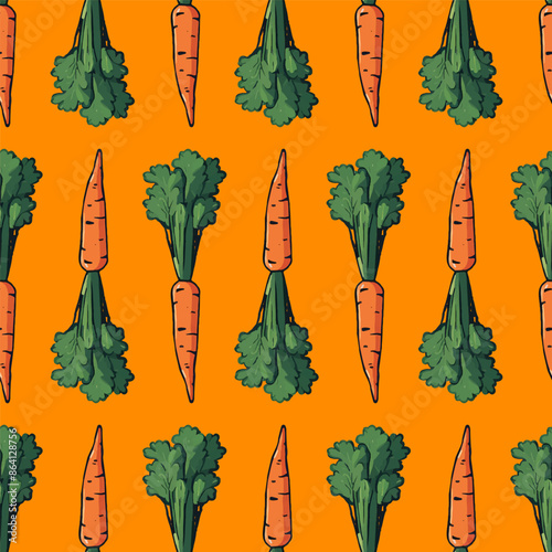 Seamless rustic autumn harvest carrot vegetable pattern for seasonal designs on vibrant orange background