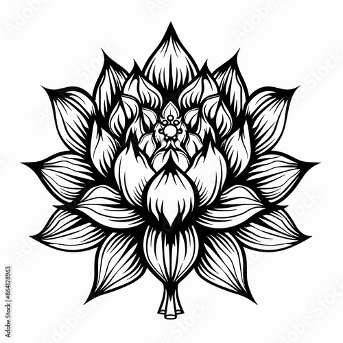 beautiful lotus flower on a white background black and white vector illustration in tattoo style