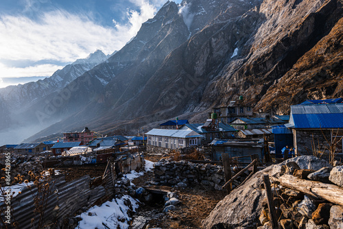 View over the houses of Lang Tang Village, a high altitude village on the Lang Tang Valley Trek, Himalayas, Nepal, Asia