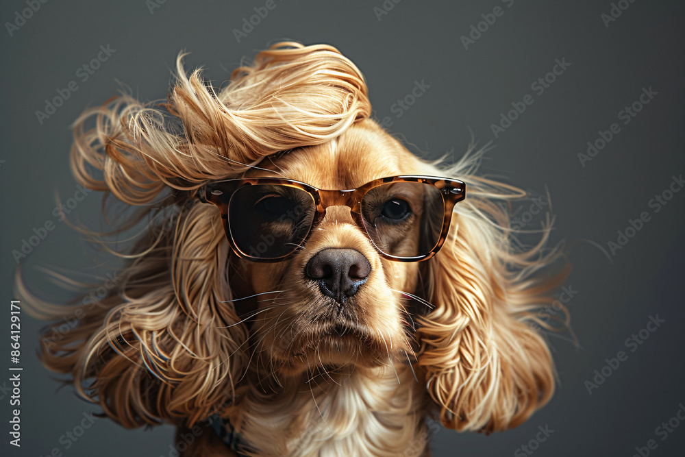 Naklejka premium Funny cute puppy dog wearing sunglasses and fluffy fur portrait , studio shooting high quality photo pet background, wallpaper, wall art