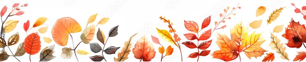 Obraz premium A watercolor painting of a field of autumn leaves. The leaves are of various sizes and colors, including red, orange, and yellow. The painting has a warm and inviting mood