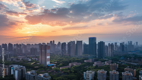 Stunning Chengdu skyline with high-rise buildings against a picturesque backdrop, capturing the city's urban beauty.