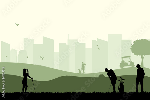 View of a playing golf in the park with a view of city buildings. Vector illustration design template