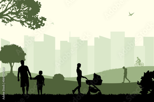 View of a family picnic in the park with a view of city buildings. Vector illustration design template