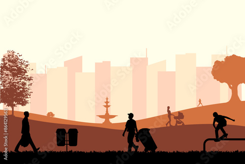 Evening view in the city park. Vector illustration design template
