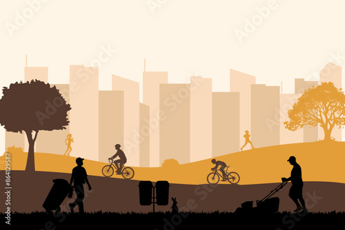 Landscape silhouette of gardener with urban scenery. Vector illustration design template