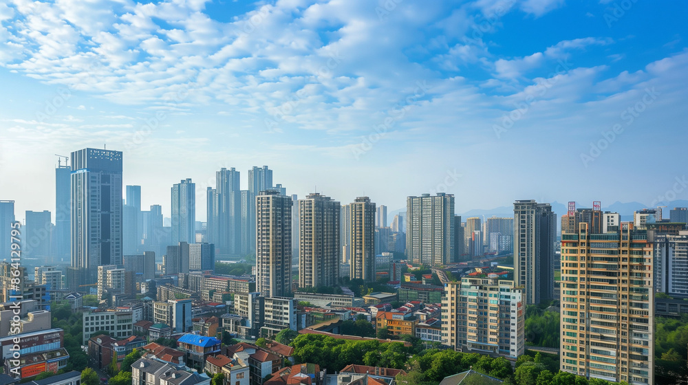 Obraz premium Stunning Chengdu skyline with high-rise buildings against a picturesque backdrop, capturing the city's urban beauty.