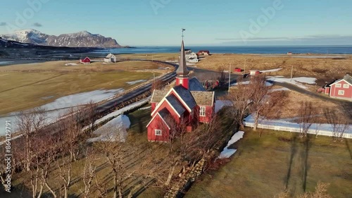 Aerial view of Lofoten Islands beautiful landscape during winter