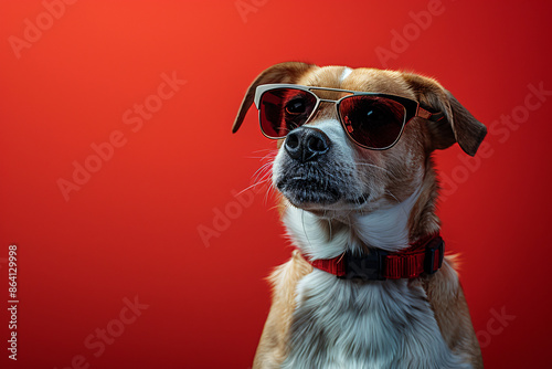 Funny cute  puppy dog wearing sunglasses  portrait , studio shooting high quality photo pet  on red background, wallpaper, wall art © Wipada