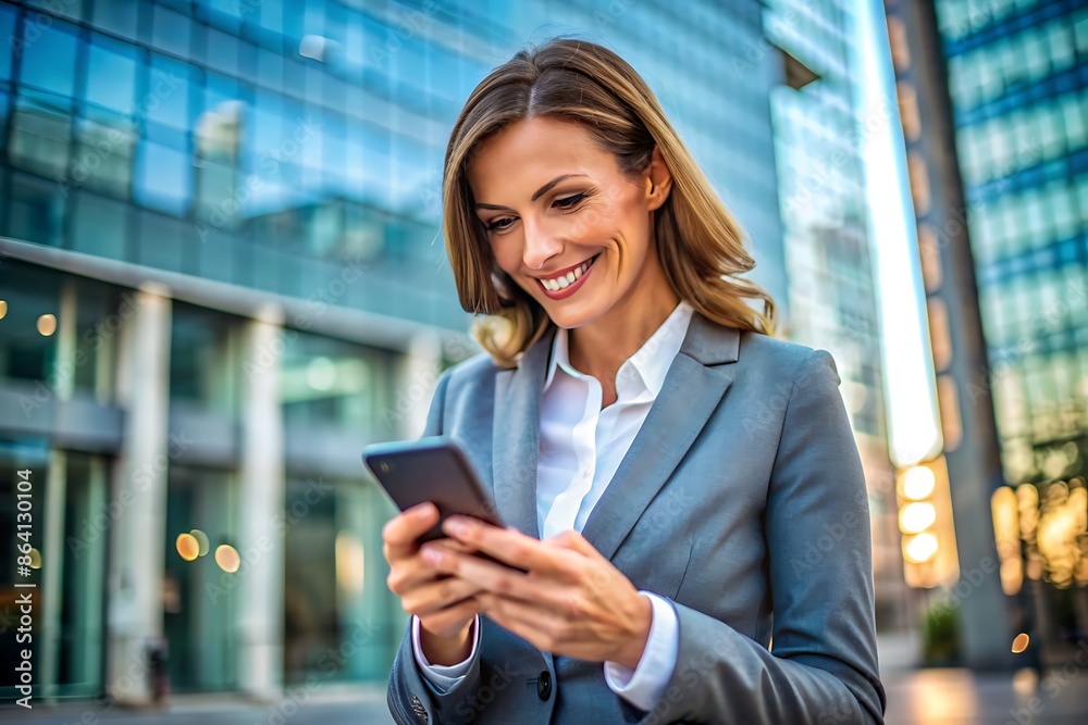 Businesswoman using smartphone in front of office building.