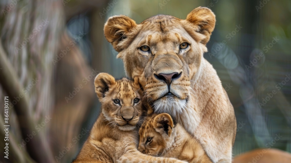 Protective lioness with cubs in a lush forest Protective lioness with cubs in a lush forest