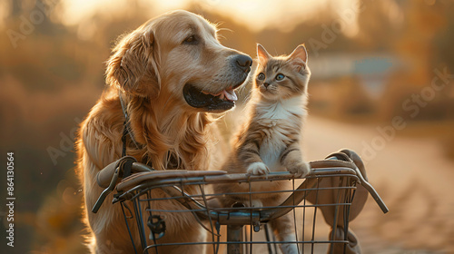 Portrait photo of  cute baby kitten cat  and dog in the basket of bicycle with summer background , studio shooting high quality photo pet   background, wallpaper, wall art