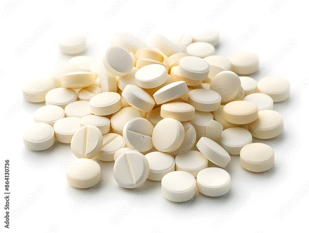 Pile of White Round Tablets on a White Background Pile of White Round Tablets on a White Background