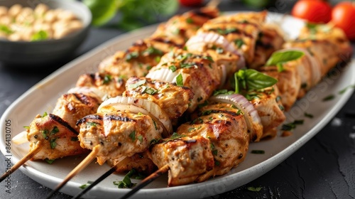 Delicious grilled chicken skewers with onions and herbs on a white plate, served on a dark background with fresh ingredients nearby.