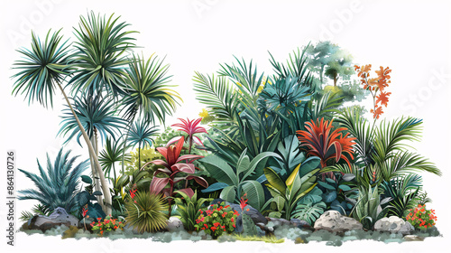 Sketch of a tropical garden with various plants, on white background