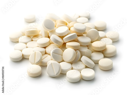 Pile of White Round Tablets on a White Background