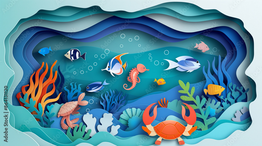 This image presents an underwater scene featuring various fish and sea creatures depicted in a vibrant, layered paper cut art style, creating a dynamic depth effect. This image presents an underwater scene featuring various fish and sea creatures depicted in a vibrant, layered paper cut art style, creating a dynamic depth effect.