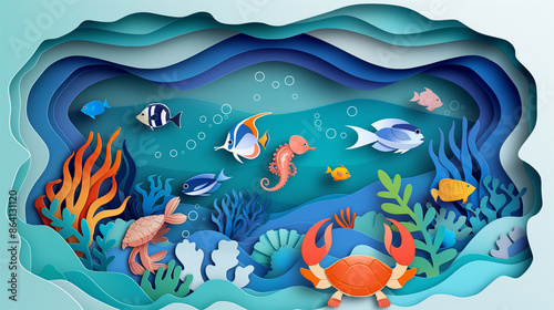 This image presents an underwater scene featuring various fish and sea creatures depicted in a vibrant, layered paper cut art style, creating a dynamic depth effect.