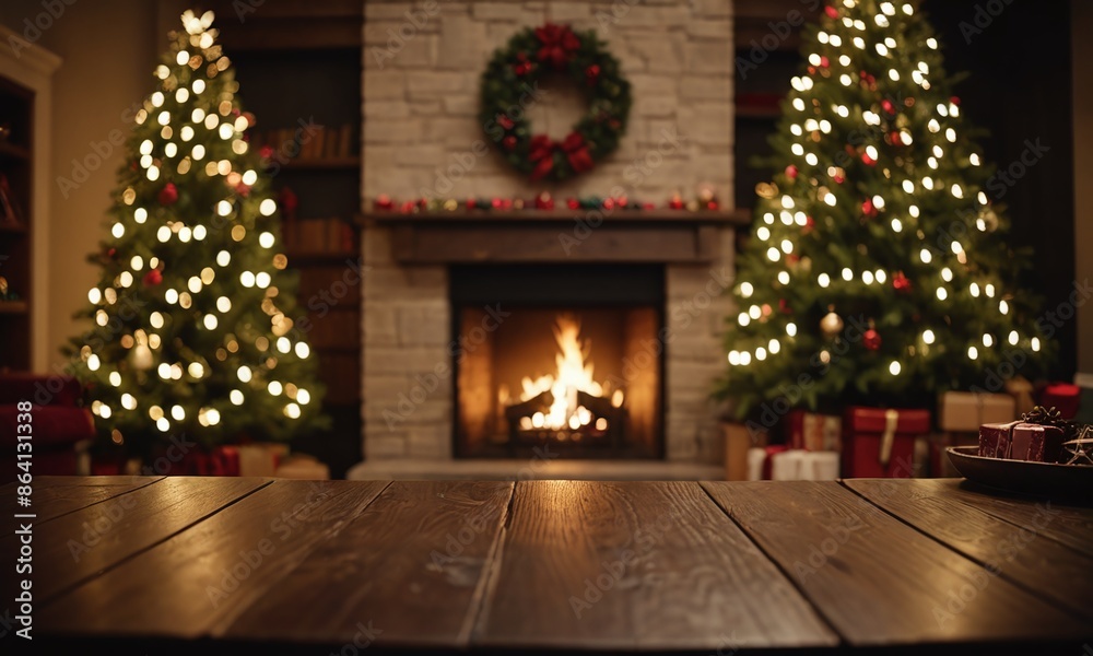 Wood table with blurry christmas tree and fireplace background with copy space Wood table with blurry christmas tree and fireplace background with copy space