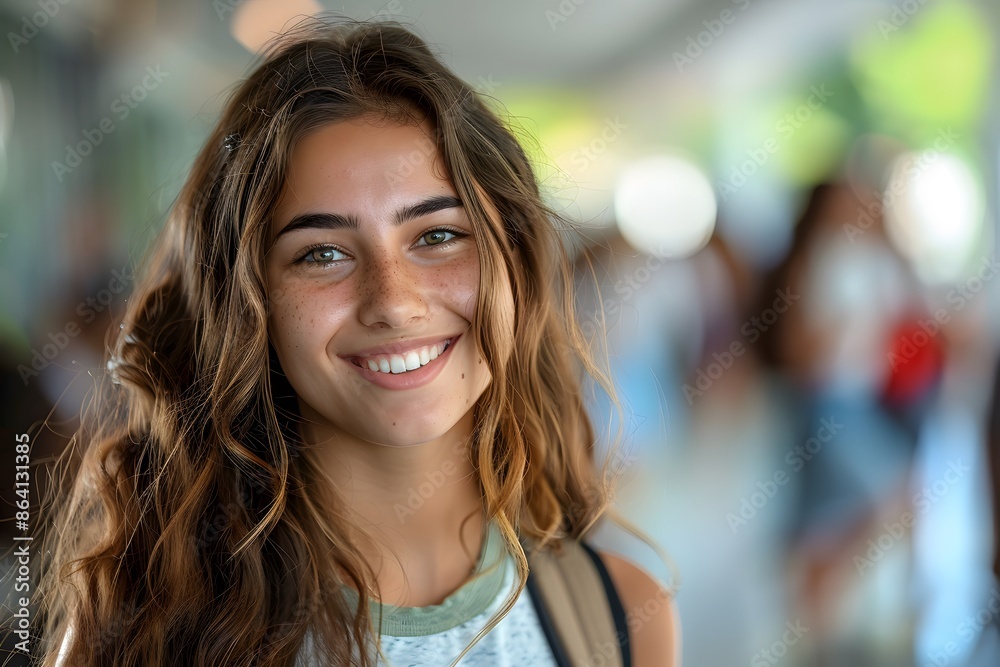 Smiling Young Woman with Wavy Hair in a Busy Outdoor Setting Smiling Young Woman with Wavy Hair in a Busy Outdoor Setting