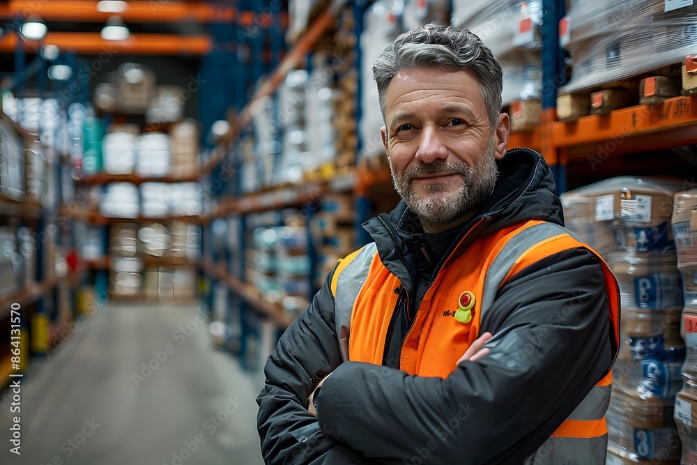 Confident Warehouse Manager Overseeing Inventory in a Well-Organized Storage Facility Confident Warehouse Manager Overseeing Inventory in a Well-Organized Storage Facility